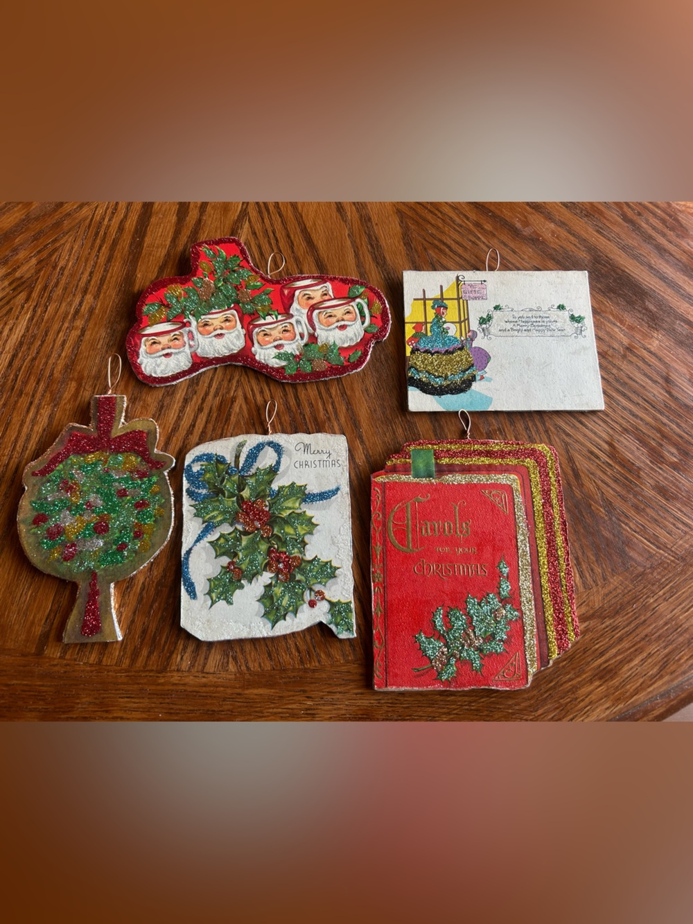 Vintage Handmade Glittered Christmas Card Wood Ornaments Set of 5